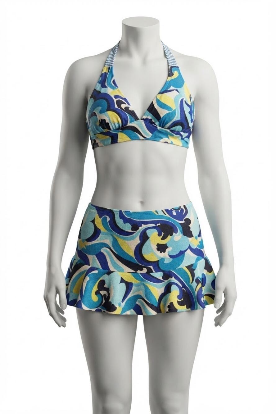 Tommy Bahama Terrazzo Tile Halter Bikini Swim Skirt Set Blue Yellow M
